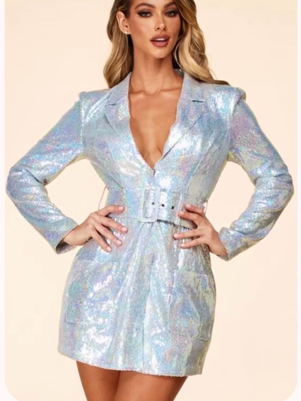 L’atiste Iridescent Shimmer Silver Sequin Belted Mini Dress with Pockets